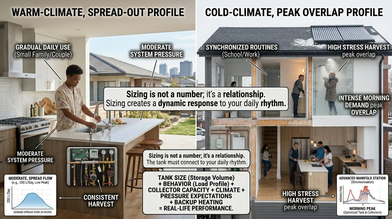 Comparison of warm-climate spread-out hot water demand and cold-climate peak-overlap demand for pressurized solar water heater sizing
